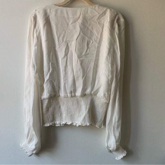 Cinq a Sept 100% Silk Blouse Top White Cutout Smocked Hem Sz‎ L - Picture 3 of 7